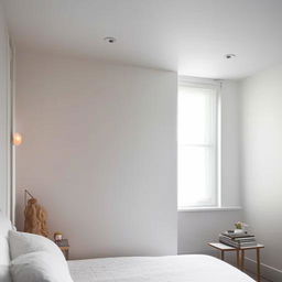 A small, aesthetically pleasing white bedroom with a window placed directly behind the bed, creating a beautiful backdrop. An attached dressing room adjoins the space