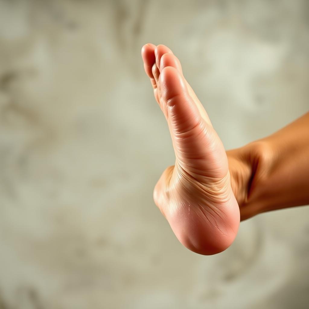 Dynamic scene capturing the power and motion of a footjab, where a beautifully sculpted foot is in mid-air, delivering a swift and precise kick