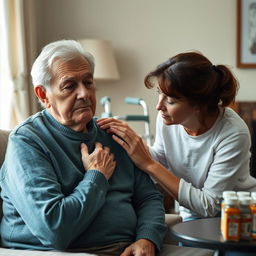 A detailed image depicting a concerned caregiver observing an elderly person who appears slightly disoriented while sitting in a living room