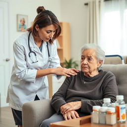 A detailed image depicting a concerned caregiver observing an elderly person who appears slightly disoriented while sitting in a living room