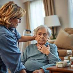 A detailed image depicting a concerned caregiver observing an elderly person who appears slightly disoriented while sitting in a living room