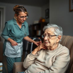 A detailed image depicting a concerned caregiver observing an elderly person who appears slightly disoriented while sitting in a living room