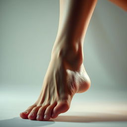 Artistic and sensual depiction of an elegantly posed foot with smooth skin and perfectly manicured nails, set against a soft, ambient background