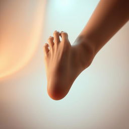 Artistic and sensual depiction of an elegantly posed foot with smooth skin and perfectly manicured nails, set against a soft, ambient background