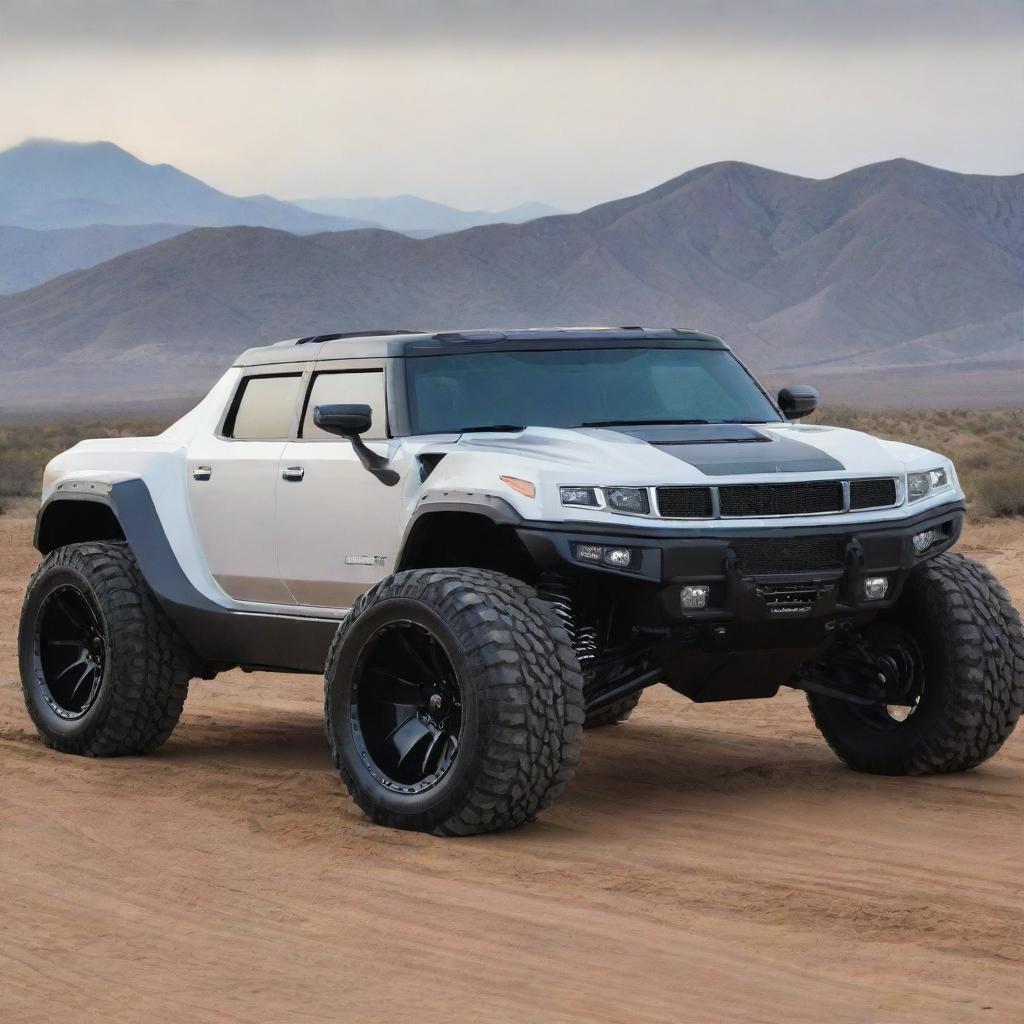 A fusion of a muscular Hummer and a Devel Sixteen supercar, creating an unexpected blend of an off-road powerhouse and high-speed roadster