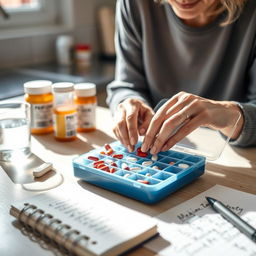 A close-up of a caregiver organizing medication in a pillbox for an elderly person, set on a kitchen counter bathed in natural light