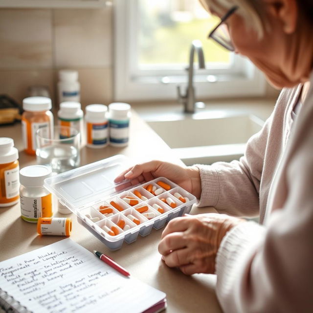 A close-up of a caregiver organizing medication in a pillbox for an elderly person, set on a kitchen counter bathed in natural light