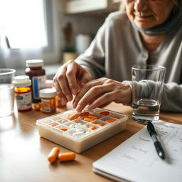 A close-up of a caregiver organizing medication in a pillbox for an elderly person, set on a kitchen counter bathed in natural light