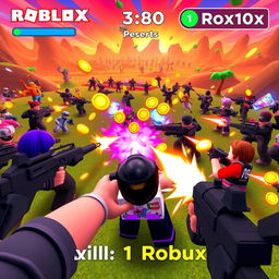 A dynamic Roblox gameplay video scene where each kill earns the player 1 Robux, visually represented by a tally or counter on the screen