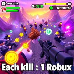 A dynamic Roblox gameplay video scene where each kill earns the player 1 Robux, visually represented by a tally or counter on the screen