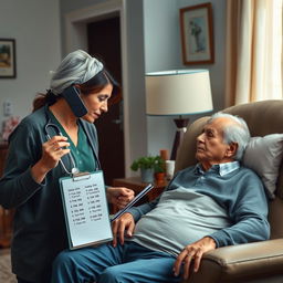 A realistic image depicting a family member on the phone with a doctor, discussing the health condition of an elderly patient