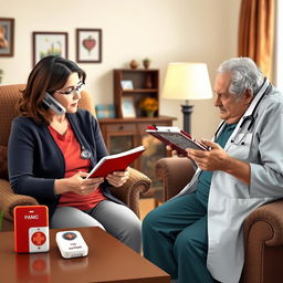 A realistic image depicting a family member on the phone with a doctor, discussing the health condition of an elderly patient