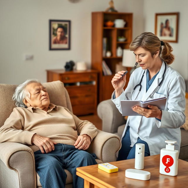 A realistic image depicting a family member on the phone with a doctor, discussing the health condition of an elderly patient