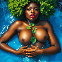 A polished, oil-based painting presenting a full nude aerial macro view of a gorgeous black woman with a bright green tree afro