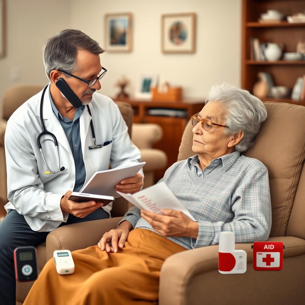 A realistic image depicting a family member on the phone with a doctor, discussing the health condition of an elderly patient