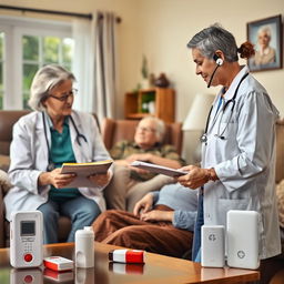 A realistic image depicting a family member on the phone with a doctor, discussing the health condition of an elderly patient