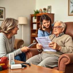 A realistic image depicting a family member on the phone with a doctor, discussing the health condition of an elderly patient