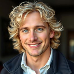 A handsome man with light long curly hair, blue eyes, and a kind smile, wearing a jacket