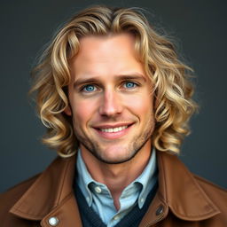 A handsome man with light long curly hair, blue eyes, and a kind smile, wearing a jacket