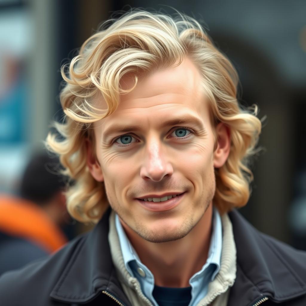 A handsome man with light long curly hair, blue eyes, and a kind smile, wearing a jacket