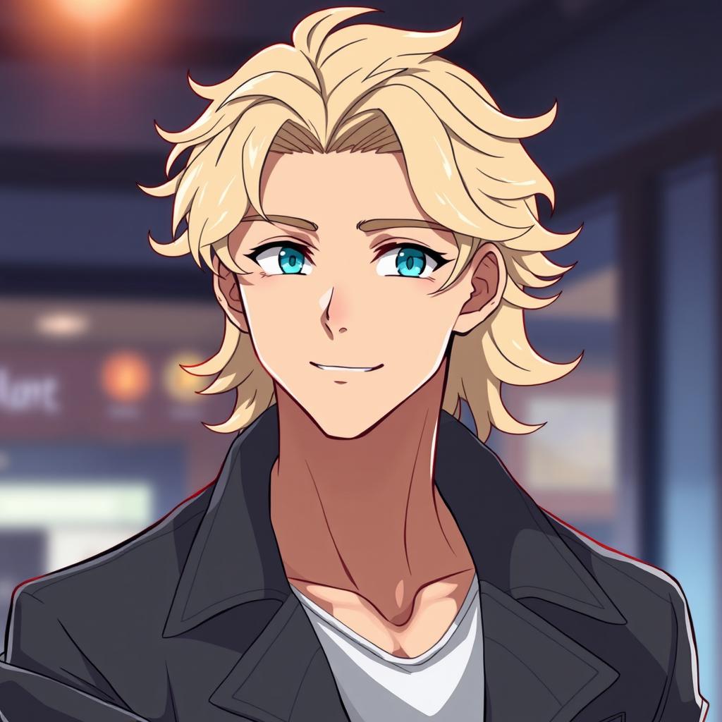 An anime-style handsome man with light long curly hair, blue eyes, and a kind smile, wearing a sleek jacket