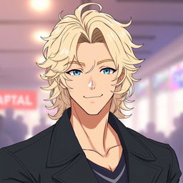 An anime-style handsome man with light long curly hair, blue eyes, and a kind smile, wearing a sleek jacket