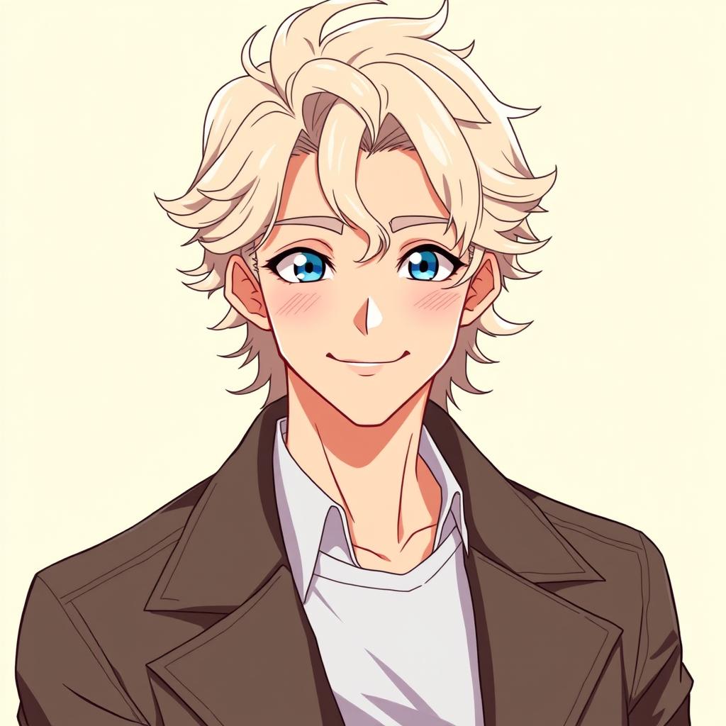 An anime-style handsome man with light long curly hair, blue eyes, and a kind smile, wearing a sleek jacket