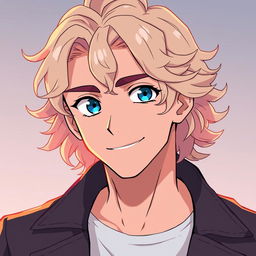 An anime-style handsome man with light long curly hair, blue eyes, and a kind smile, wearing a sleek jacket