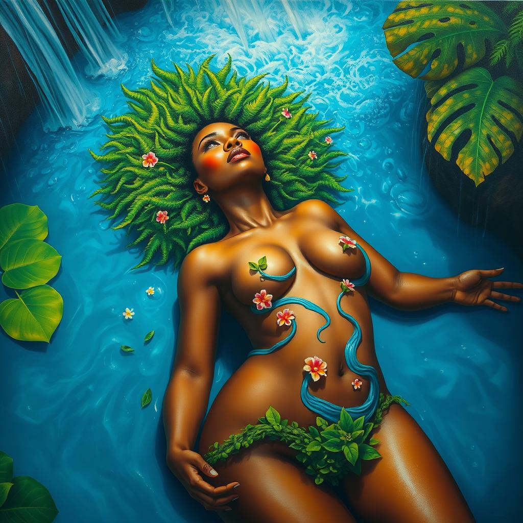 A polished, oil-based painting depicting a full nude aerial macro view of a gorgeous black woman with a bright green tree afro and beautiful breasts adorned with flower nipples