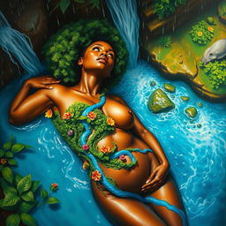 A polished, oil-based painting depicting a full nude aerial macro view of a gorgeous black woman with a bright green tree afro and beautiful breasts adorned with flower nipples