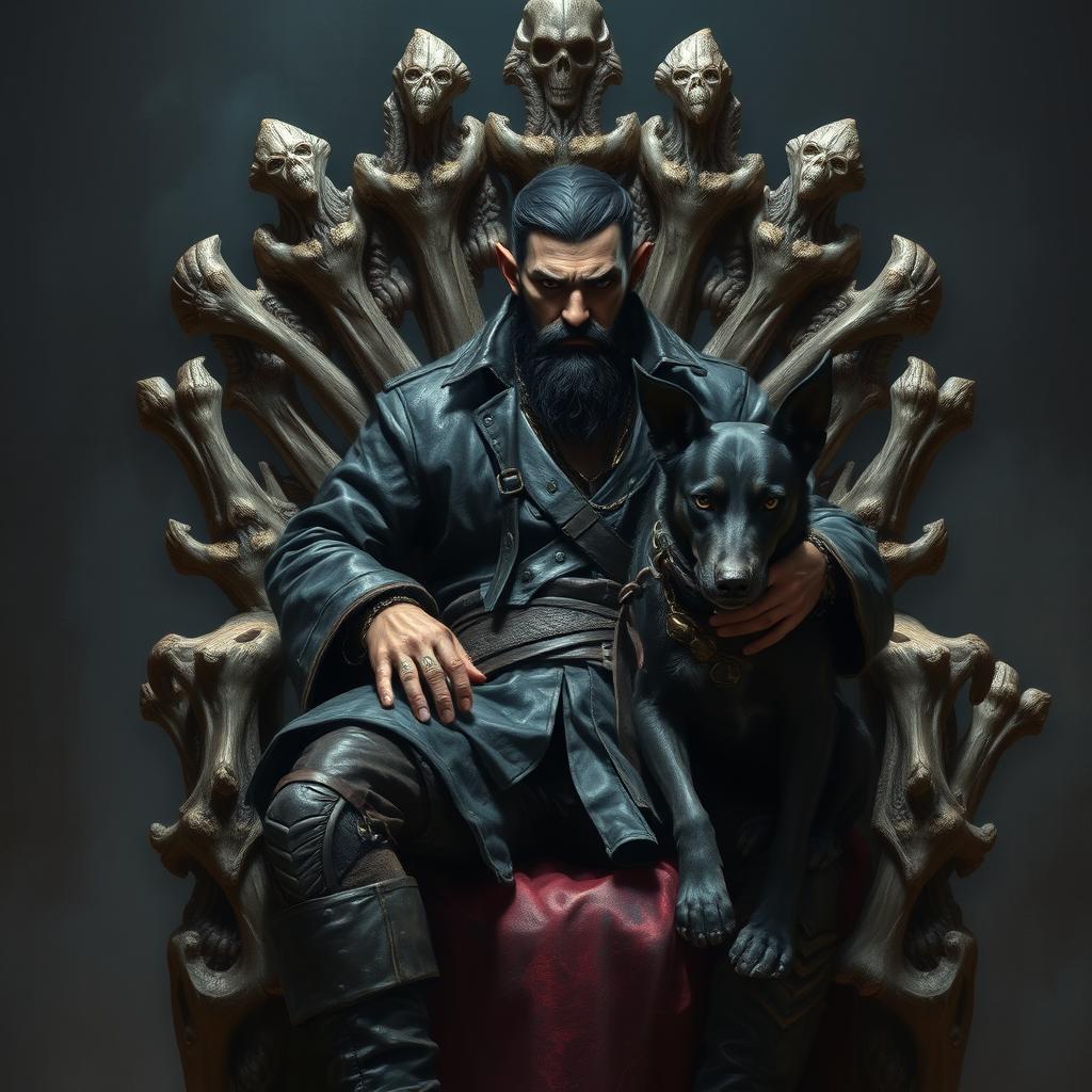 An evil male fantasy pirate with short black hair and a short pointy beard, sitting on a throne made of intricately carved bones