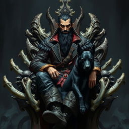 An evil male fantasy pirate with short black hair and a short pointy beard, sitting on a throne made of intricately carved bones