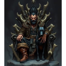 An evil male fantasy pirate with short black hair and a short pointy beard, sitting on a throne made of intricately carved bones