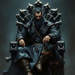 An evil male fantasy pirate with short black hair and a short pointy beard, sitting on a throne made of intricately carved bones