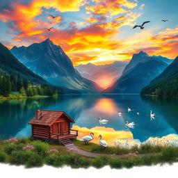 A serene and picturesque landscape featuring a tranquil lake surrounded by lush greenery and towering mountains in the background