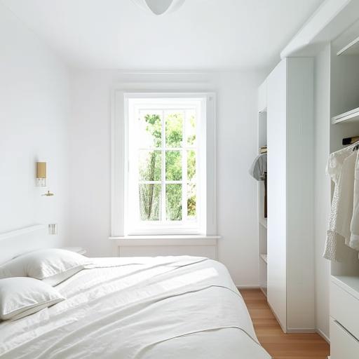 A small, aesthetically pleasing white bedroom with a window placed directly behind the bed, creating a beautiful backdrop. An attached dressing room adjoins the space