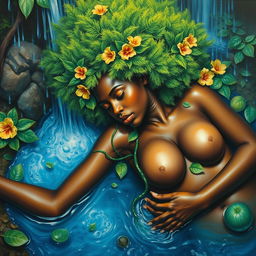 A polished, oil-based painting capturing a full aerial macro view of a gorgeous nude black woman with a bright green tree afro