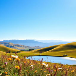 A serene landscape featuring rolling hills under a clear, blue sky