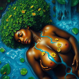 A polished, oil-based painting capturing a full aerial macro view of a gorgeous nude black woman with a bright green tree afro