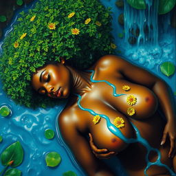 A polished, oil-based painting capturing a full aerial macro view of a gorgeous nude black woman with a bright green tree afro