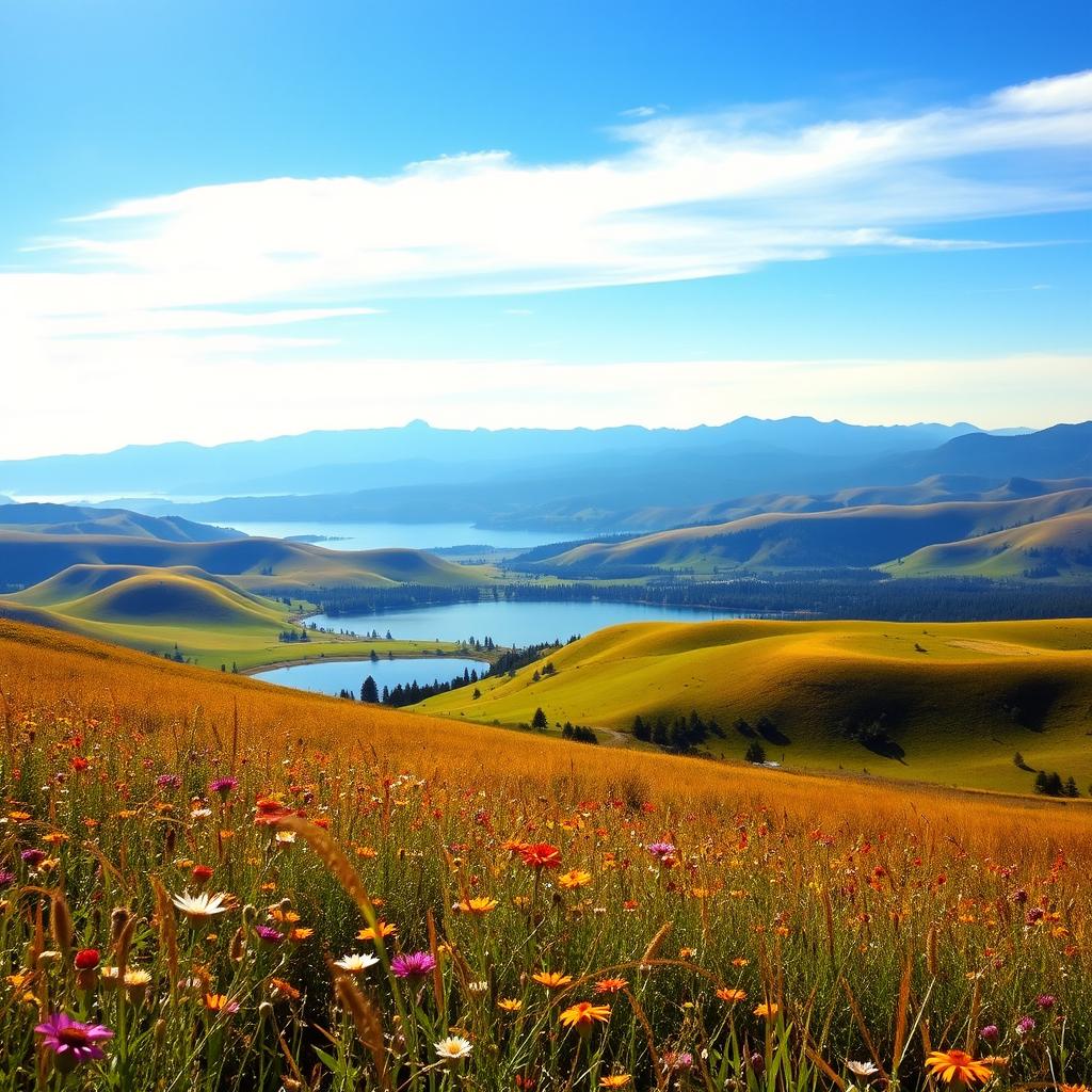 A serene landscape featuring rolling hills under a clear, blue sky