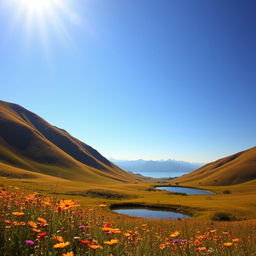 A serene landscape featuring rolling hills under a clear, blue sky