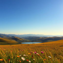 A serene landscape featuring rolling hills under a clear, blue sky