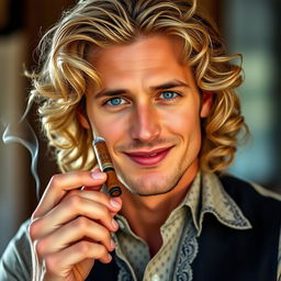 A handsome man with light long curly hair and blue eyes, displaying a kind smile