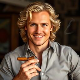 A handsome man with light long curly hair and blue eyes, displaying a kind smile