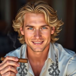 A handsome man with light long curly hair and blue eyes, displaying a kind smile