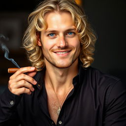 A handsome man with light long curly hair and blue eyes, displaying a kind smile