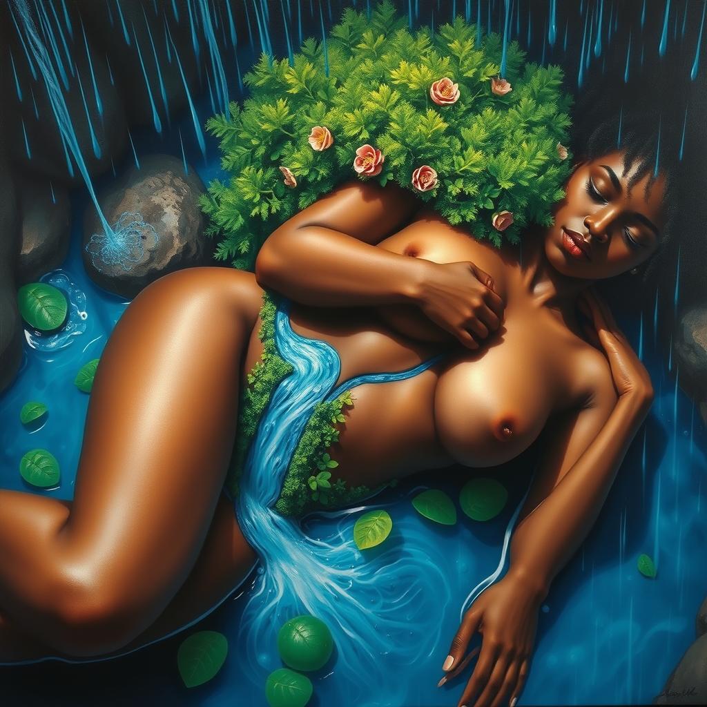 A polished, oil-based painting displaying a full aerial macro view of a gorgeous Black nude woman with a bright green tree fluffy afro