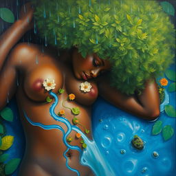 A polished, oil-based painting displaying a full aerial macro view of a gorgeous Black nude woman with a bright green tree fluffy afro