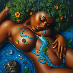 A polished, oil-based painting displaying a full aerial macro view of a gorgeous Black nude woman with a bright green tree fluffy afro